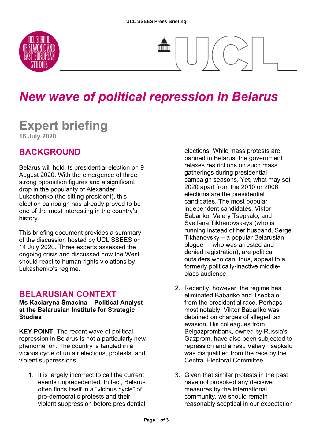 New Wave of Political Repression in Belarus Expert Briefing