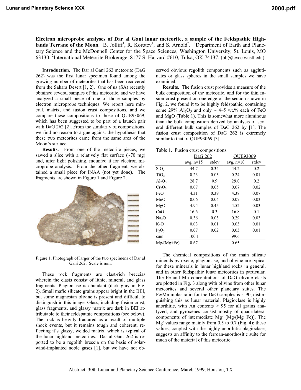 Electron Microprobe Analyses of Dar Al Gani Lunar Meteorite, a Sample of the Feldspathic High- Lands Terrane of the Moon