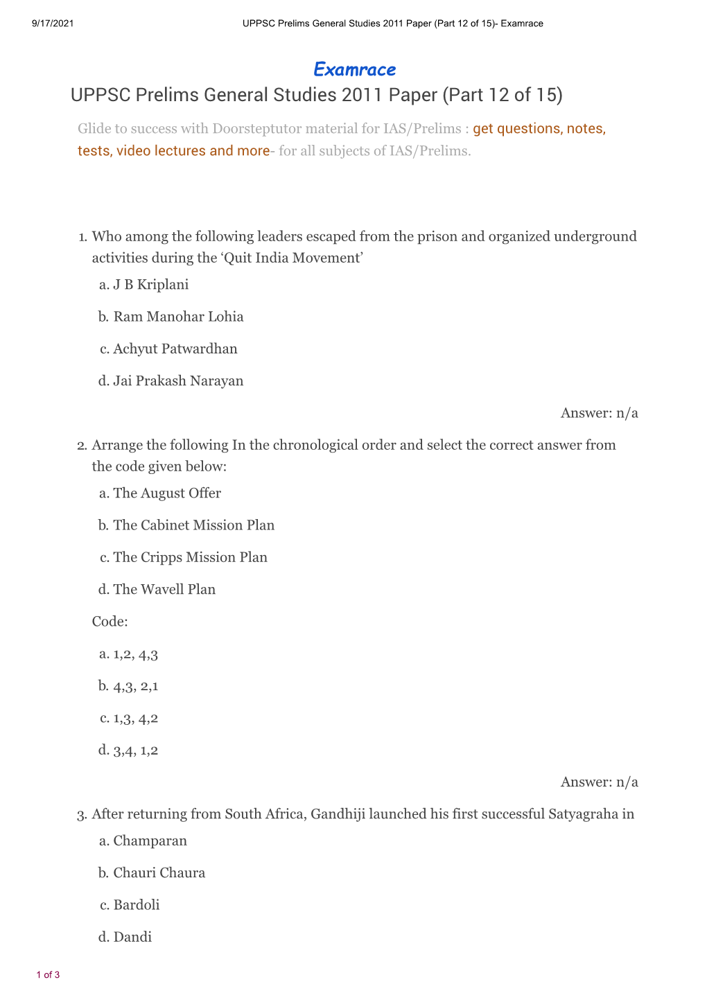 UPPSC Prelims General Studies 2011 Paper (Part 12 of 15)- Examrace