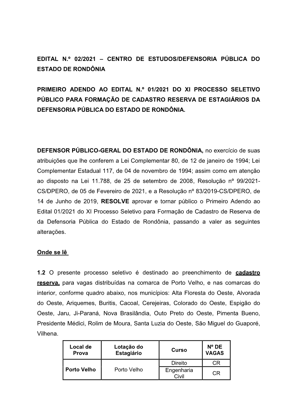 Edital N.º 02/2021 – Centro De Estudos/Defensoria Pública Do Estado De Rondônia