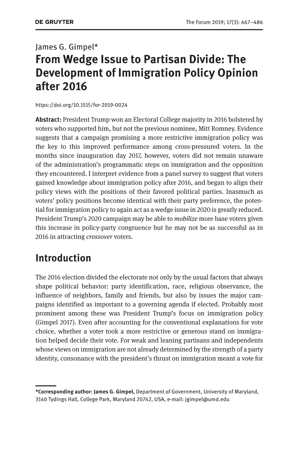 From Wedge Issue to Partisan Divide: the Development of Immigration Policy Opinion After 2016