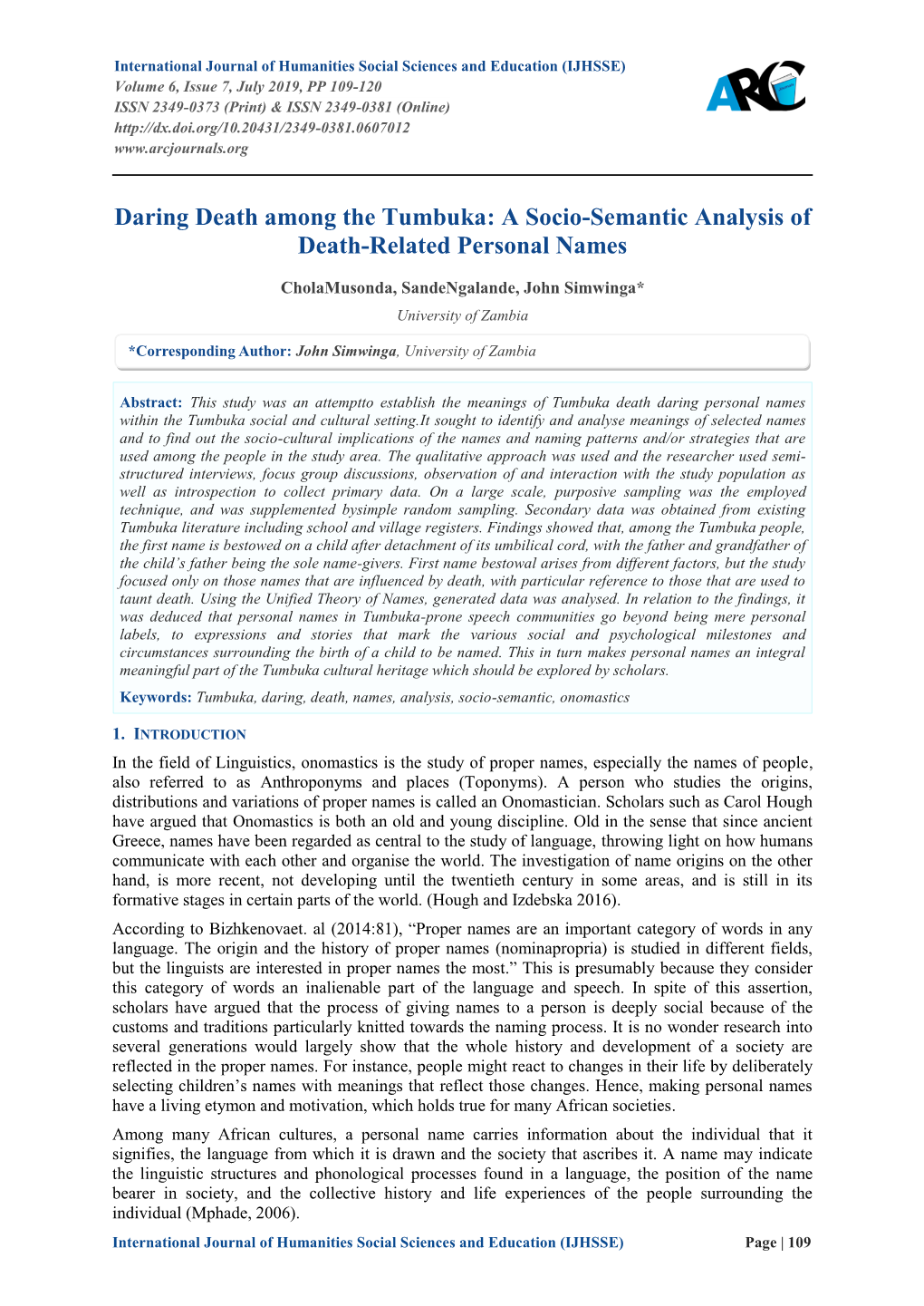 Daring Death Among the Tumbuka: a Socio-Semantic Analysis of Death-Related Personal Names