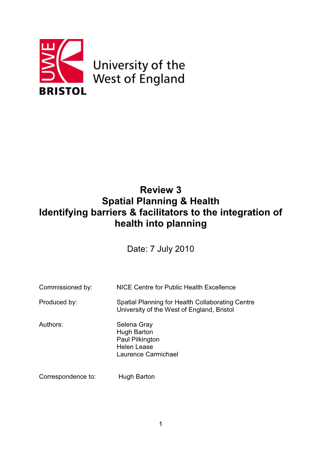 Review 3 Spatial Planning & Health Identifying Barriers & Facilitators To
