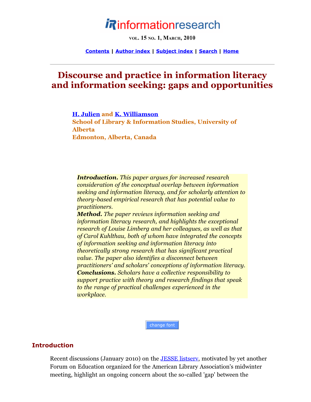 Discourse and Practice in Information Literacy and Information Seeking: Gaps and Opportunities