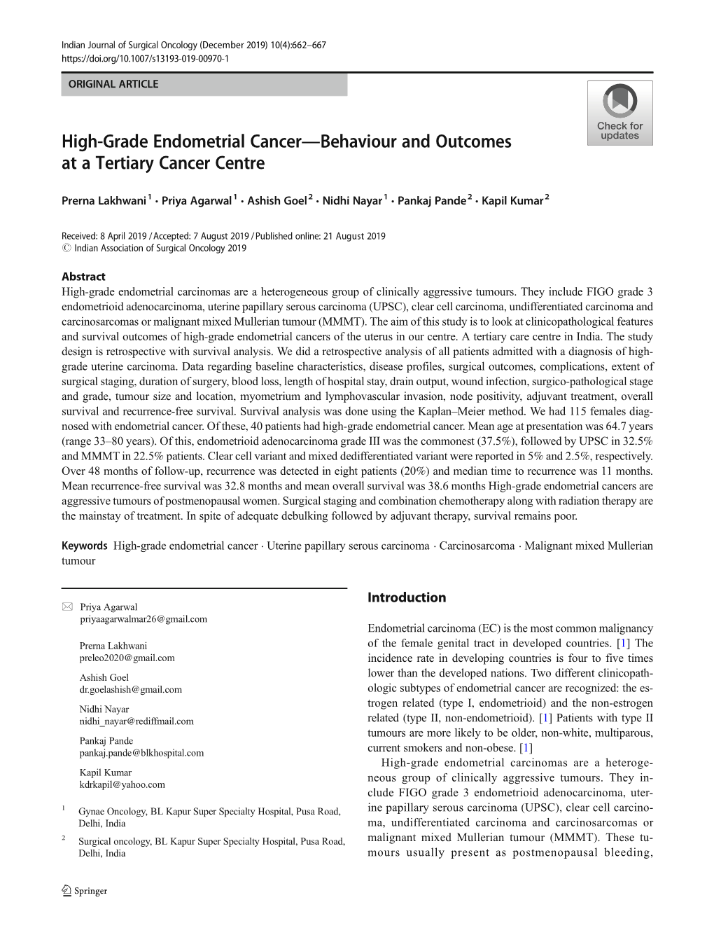 High-Grade Endometrial Cancer—Behaviour and Outcomes at a Tertiary Cancer Centre