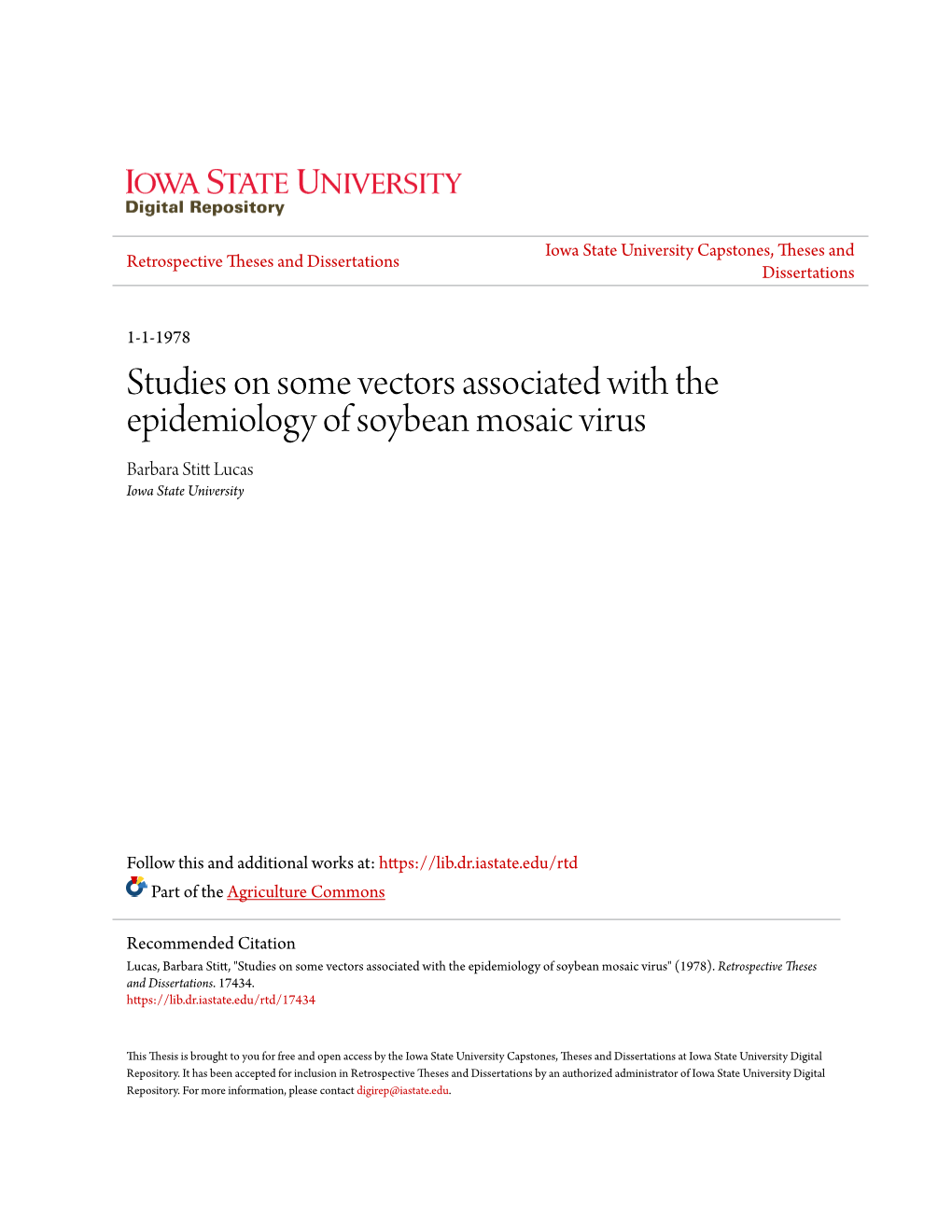 Studies on Some Vectors Associated with the Epidemiology of Soybean Mosaic Virus Barbara Stitt Ucl As Iowa State University