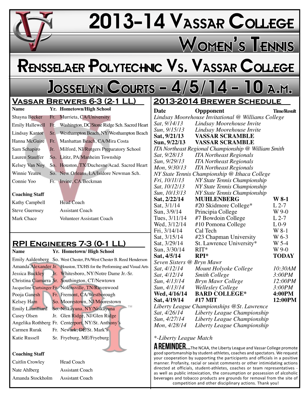 2013-14 Vassar College Women’S Tennis Rensselaer Polytechnic Vs