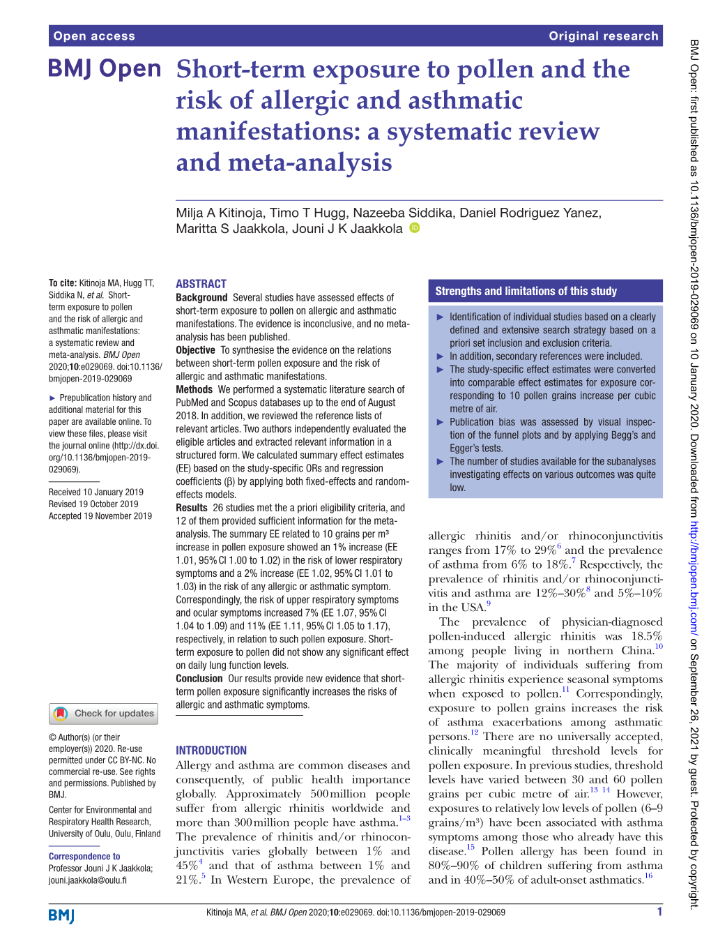 Term Exposure to Pollen and the Risk of Allergic and Asthmatic Manifestations: a Systematic Review and Meta-­Analysis