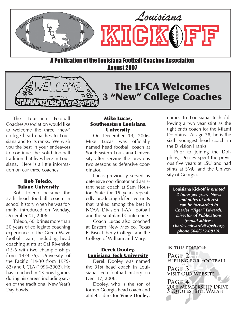 Louisiana KICK FF a Publication of the Louisiana Football Coaches Association August 2007