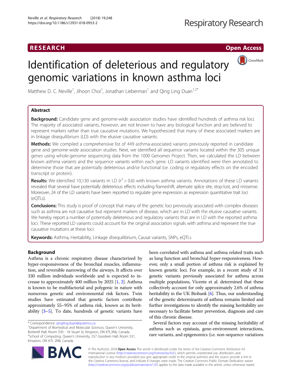 Identification of Deleterious and Regulatory Genomic Variations in Known Asthma Loci Matthew D