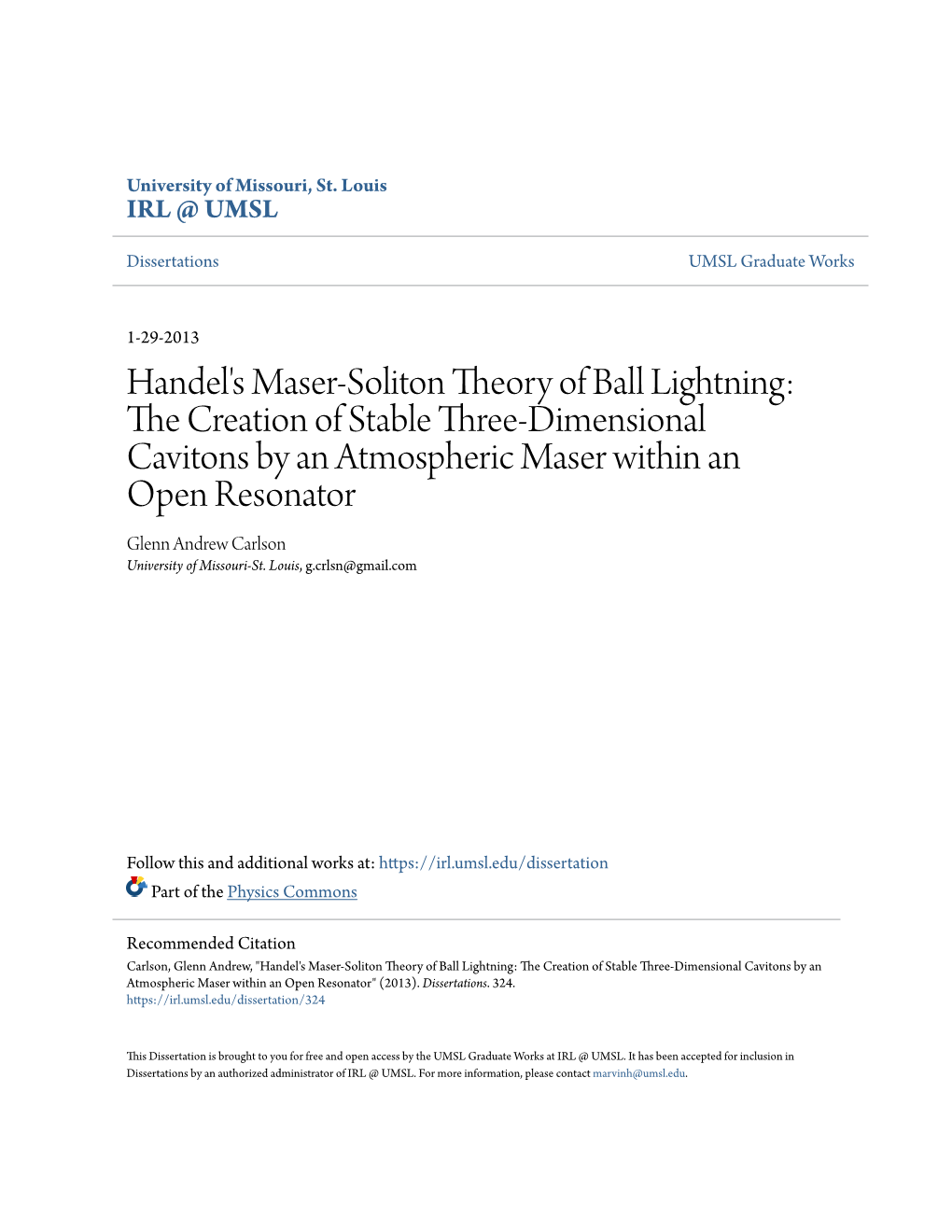 Handel's Maser-Soliton Theory of Ball Lightning