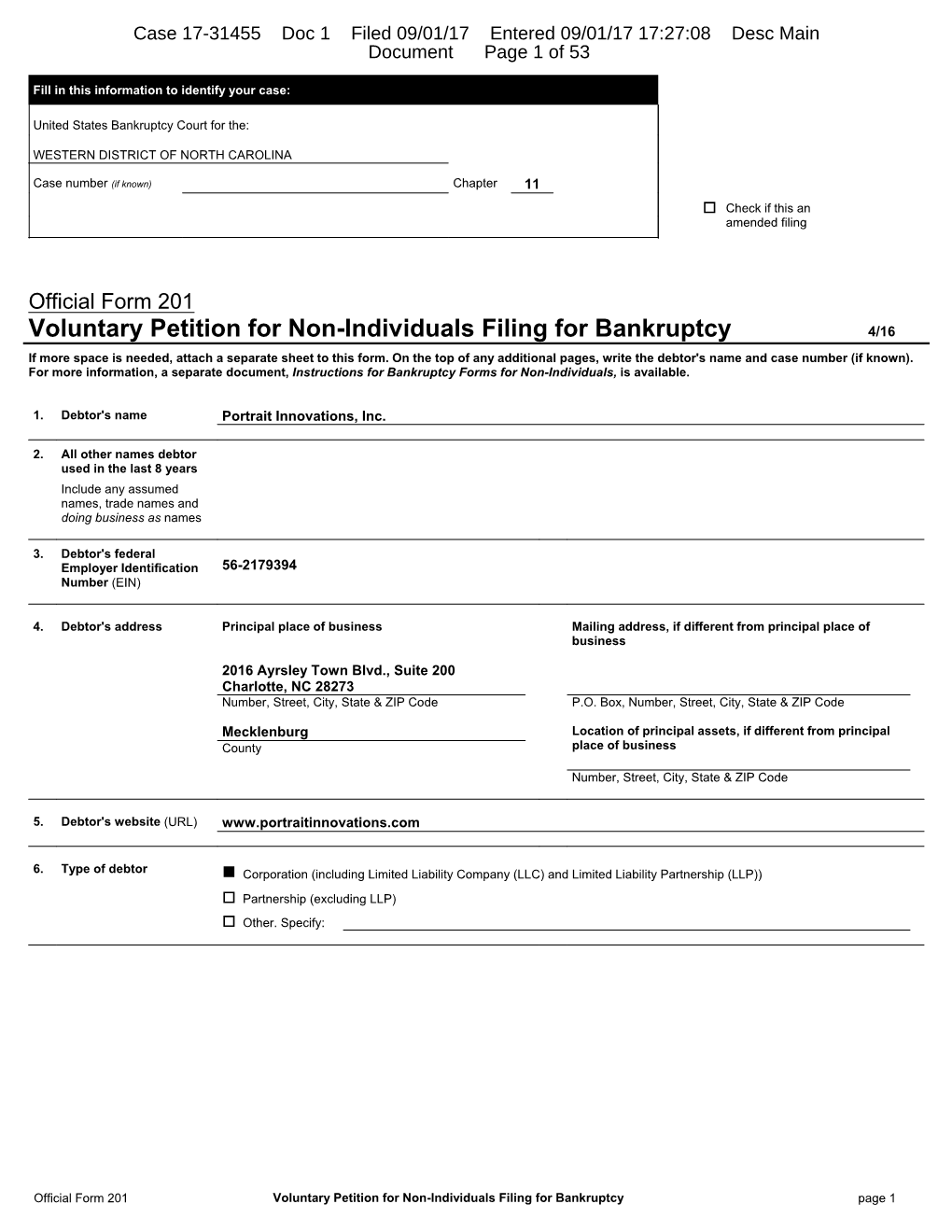 Voluntary Petition for Non-Individuals Filing for Bankruptcy 4/16 If More Space Is Needed, Attach a Separate Sheet to This Form