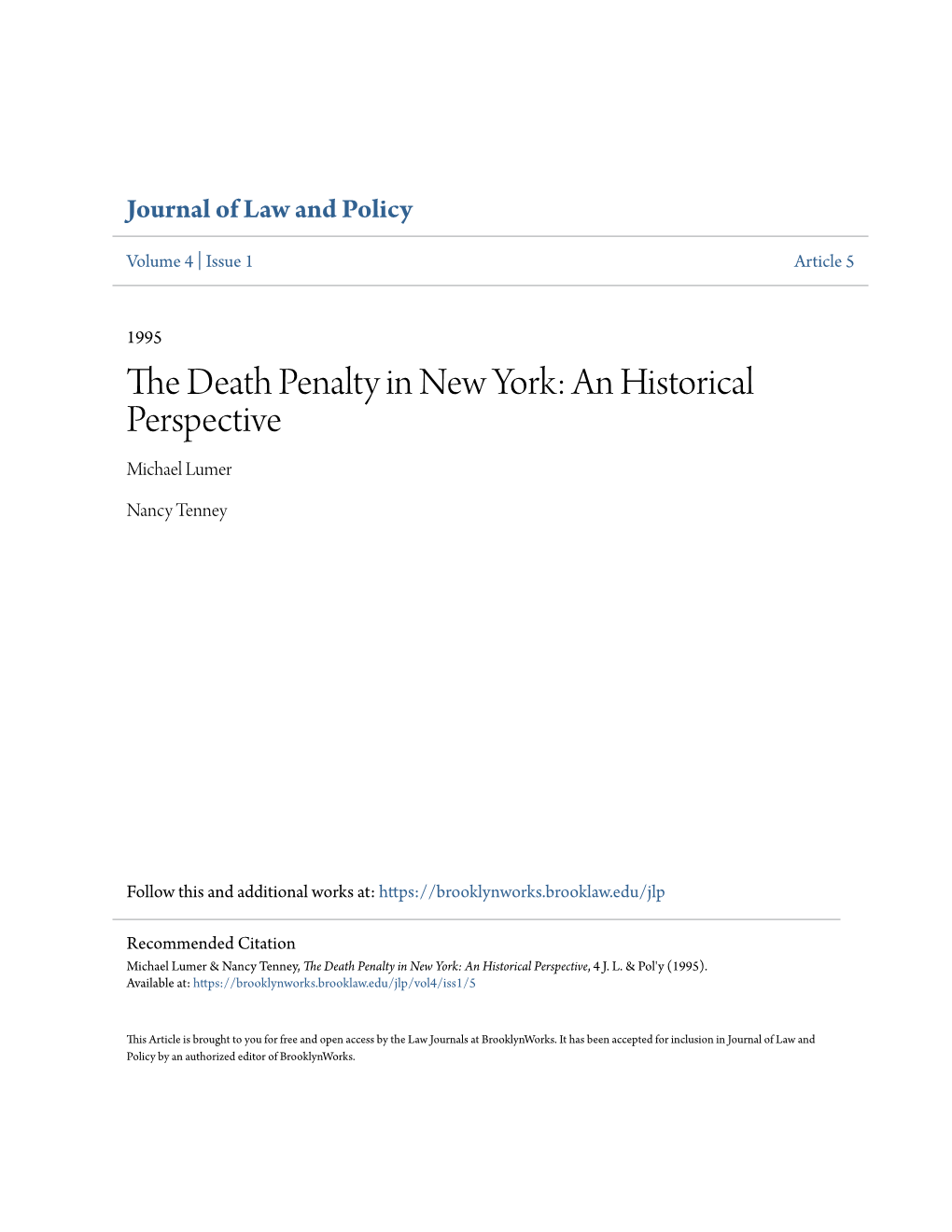 The Death Penalty in New York: an Historical Perspective, 4 J