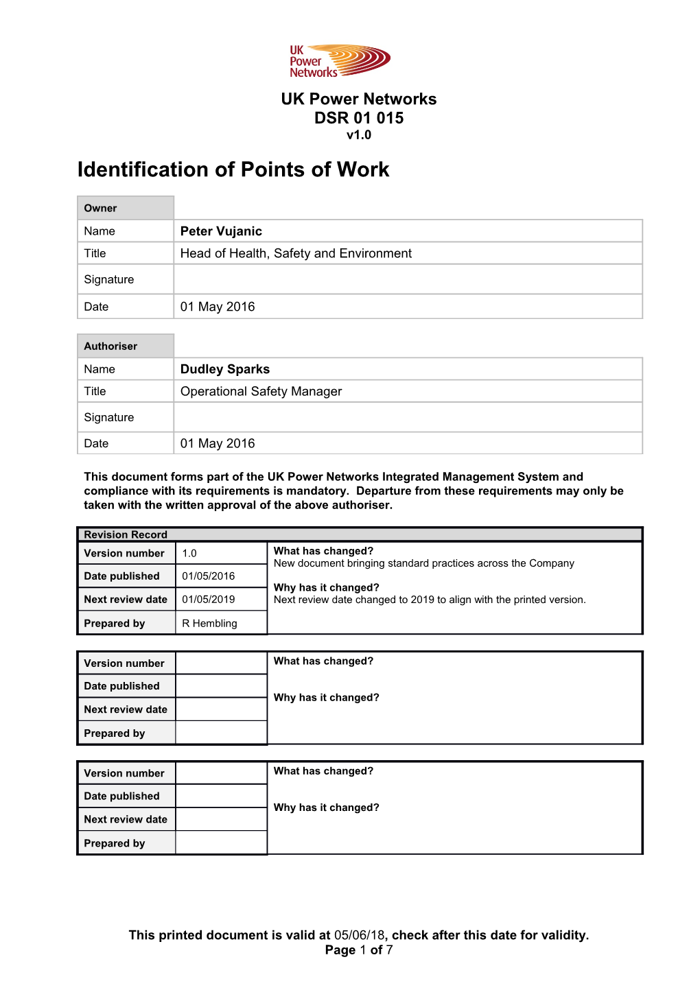 DSR 01 015 Identification of Points of Work