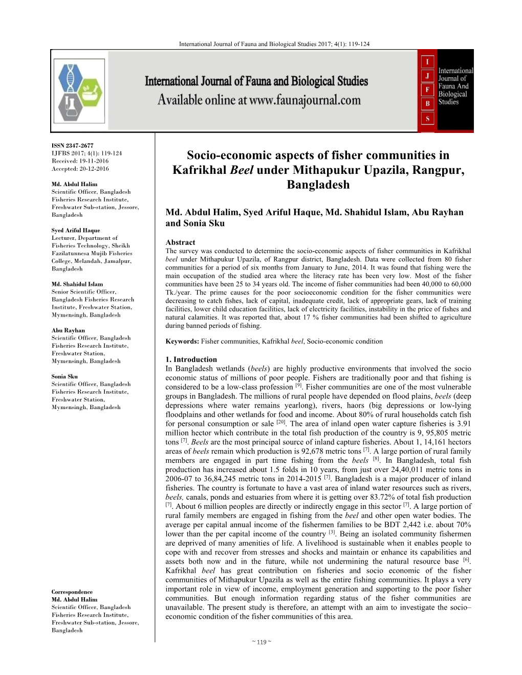 Socio-Economic Aspects of Fisher Communities in Kafrikhal Beel Under Mithapukur Upazila, Rangpur, Bangladesh