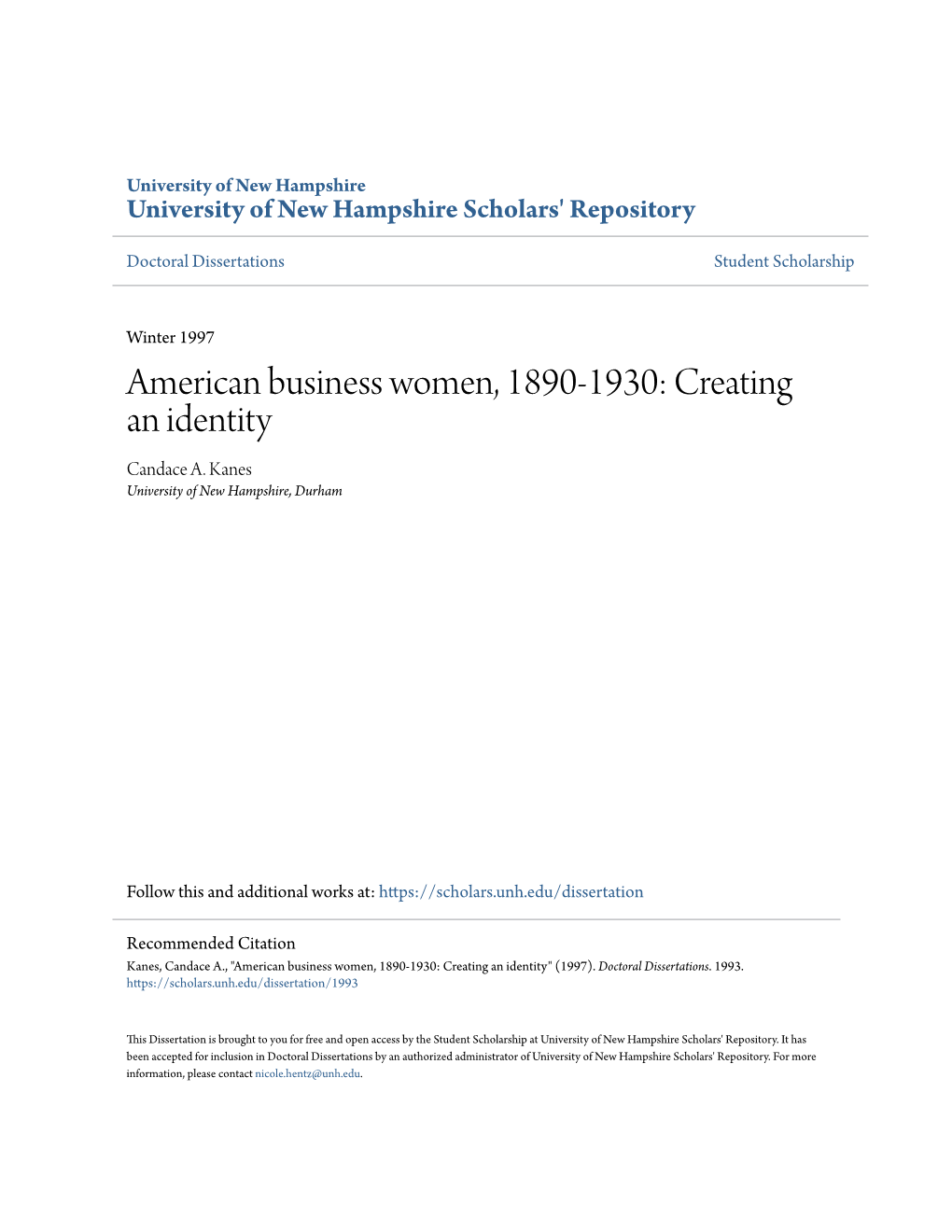 American Business Women, 1890-1930: Creating an Identity Candace A