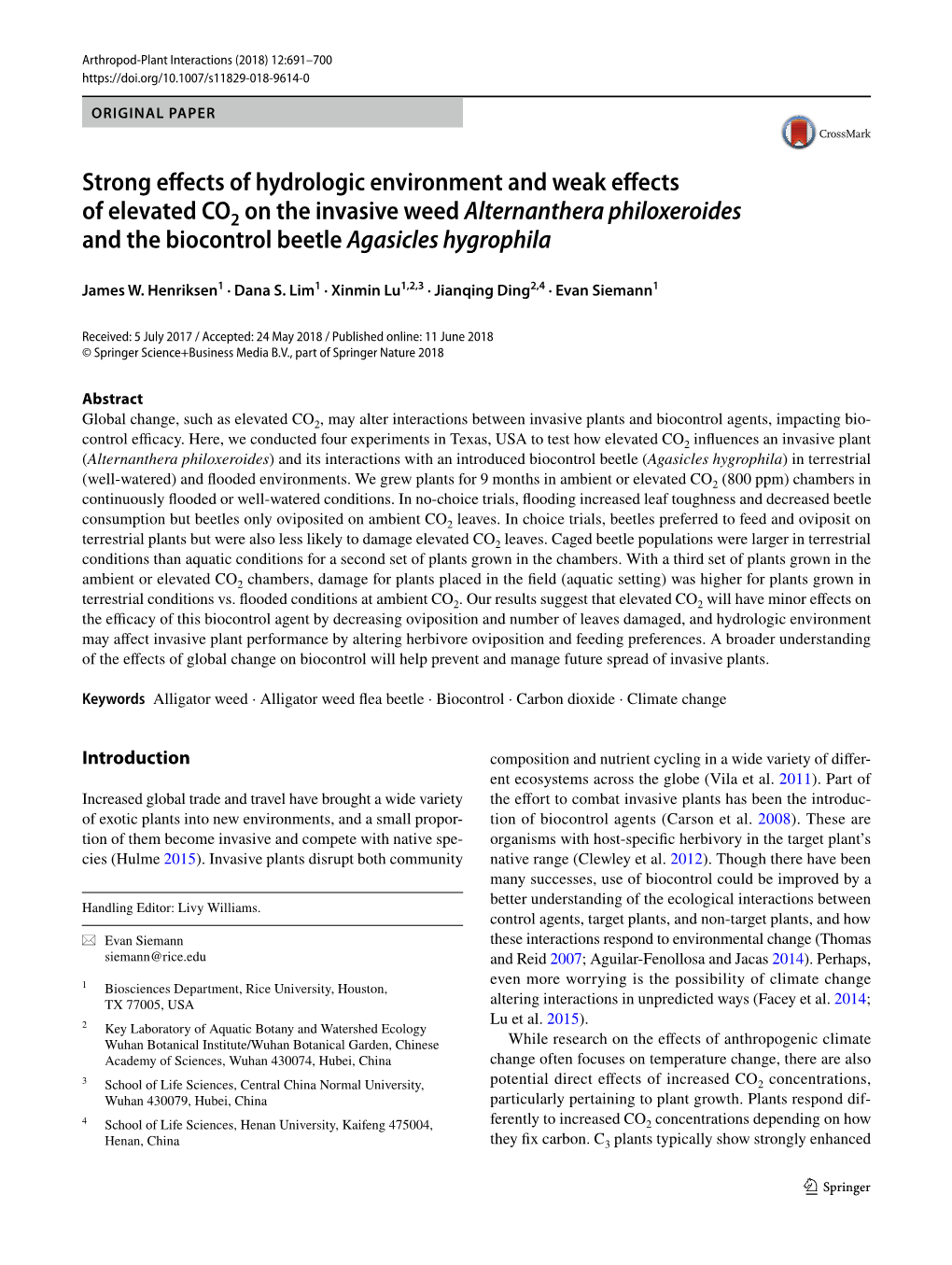 Strong Effects of Hydrologic Environment and Weak Effects of Elevated CO2 on the Invasive Weed Alternanthera Philoxeroides and T