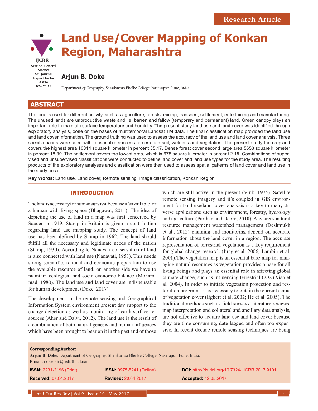 Land Use/Cover Mapping of Konkan Region, Maharashtra IJCRR Section: General Science Sci