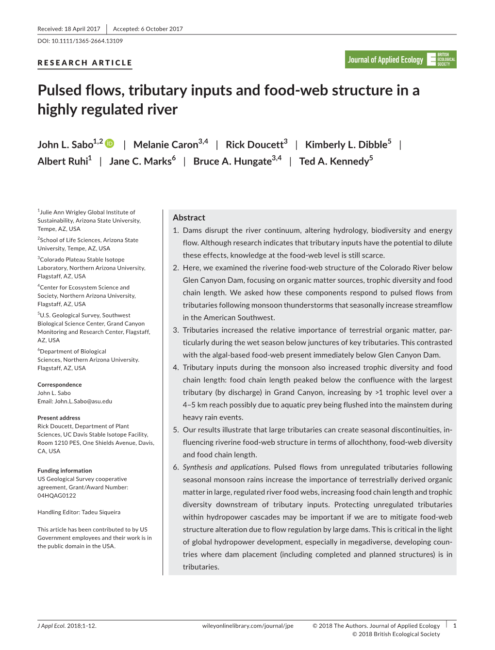 Pulsed Flows, Tributary Inputs and Food&#X2010