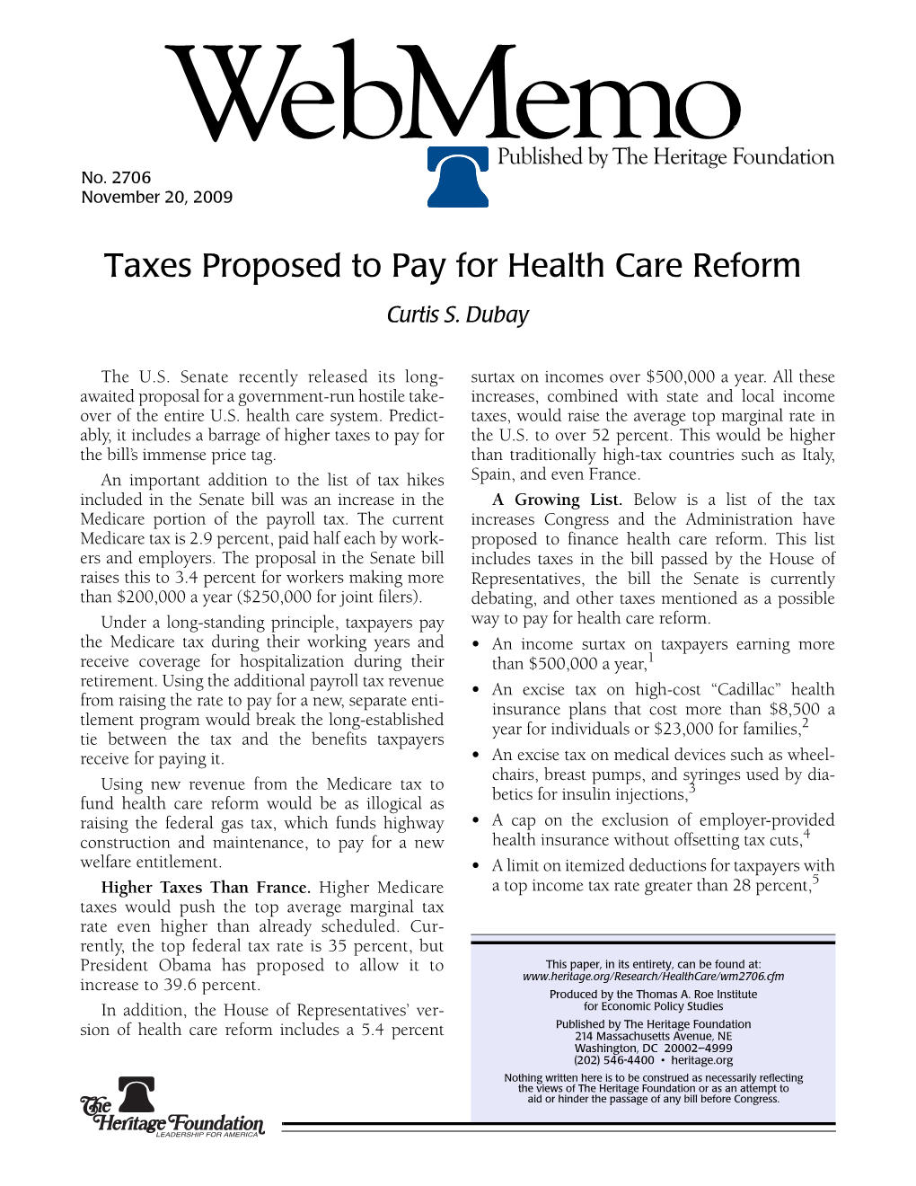 Taxes Proposed to Pay for Health Care Reform Curtis S