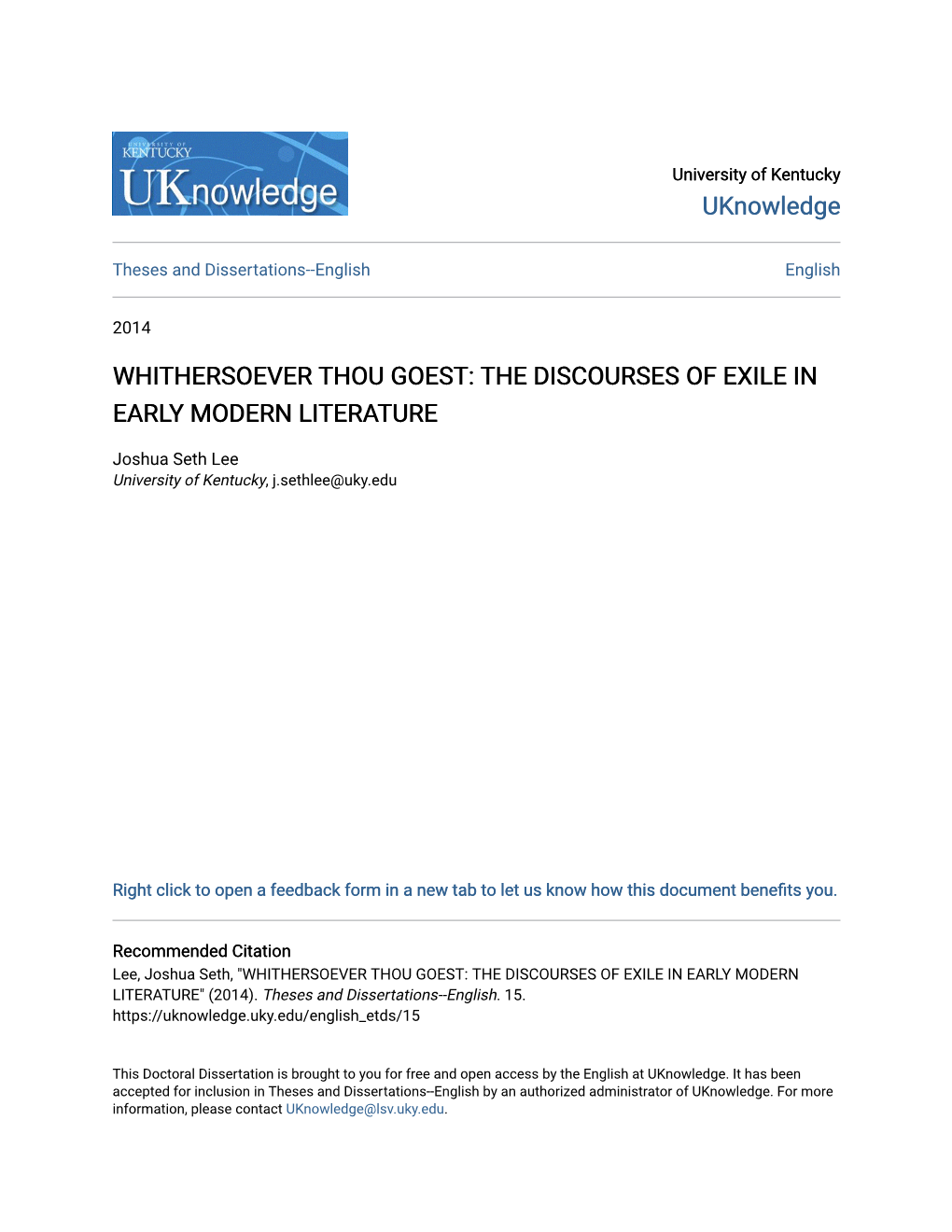 Whithersoever Thou Goest: the Discourses of Exile in Early Modern Literature
