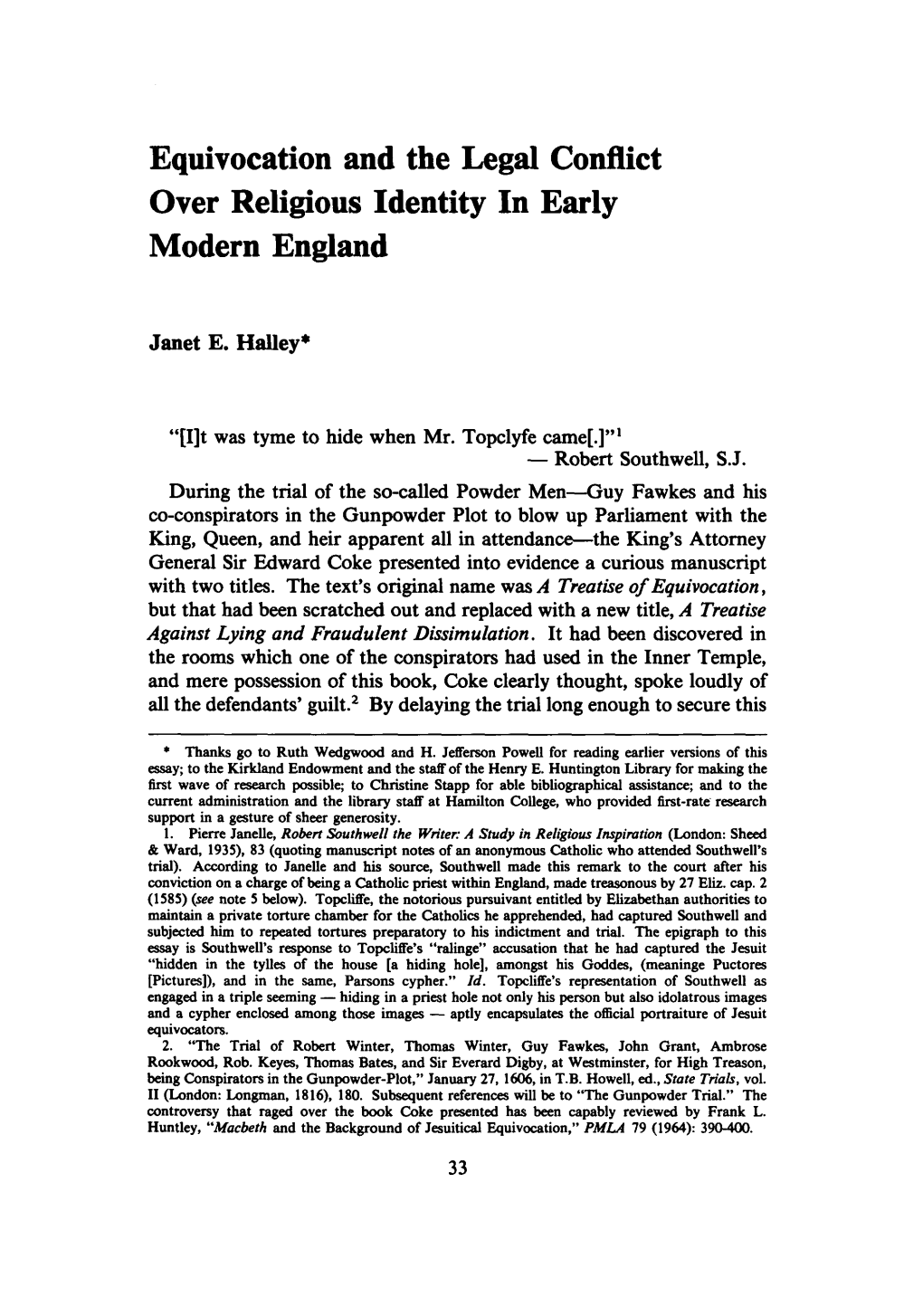 Equivocation and the Legal Conflict Over Religious Identity in Early Modern England