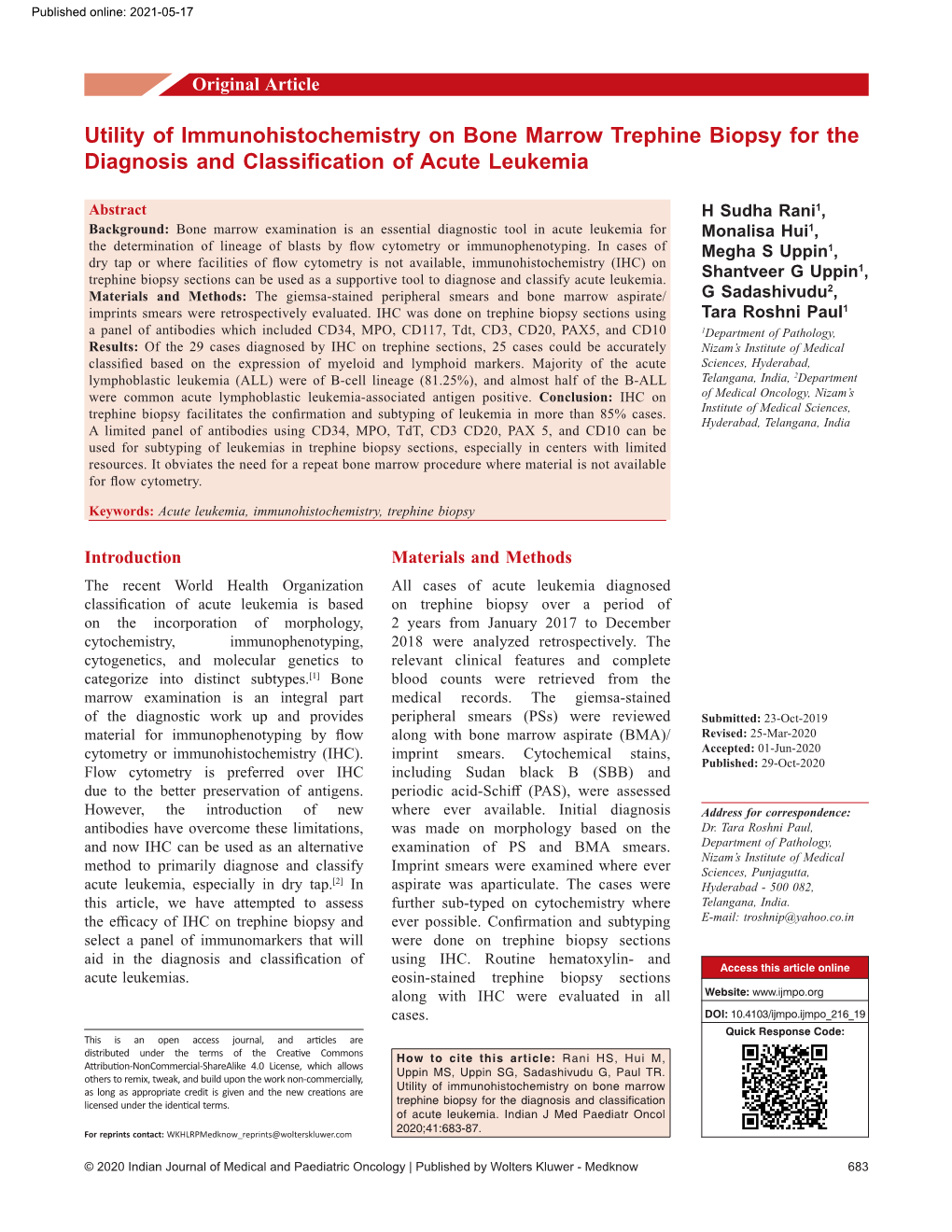 Utility of Immunohistochemistry on Bone Marrow Trephine Biopsy for the Diagnosis and Classification of Acute Leukemia