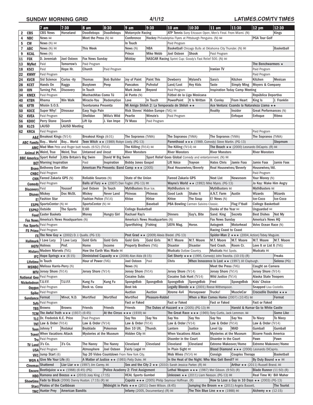 Sunday Morning Grid 4/1/12 Latimes.Com/Tv Times