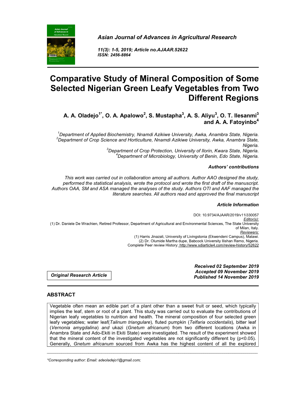 Comparative Study of Mineral Composition of Some Selected Nigerian Green Leafy Vegetables from Two Different Regions