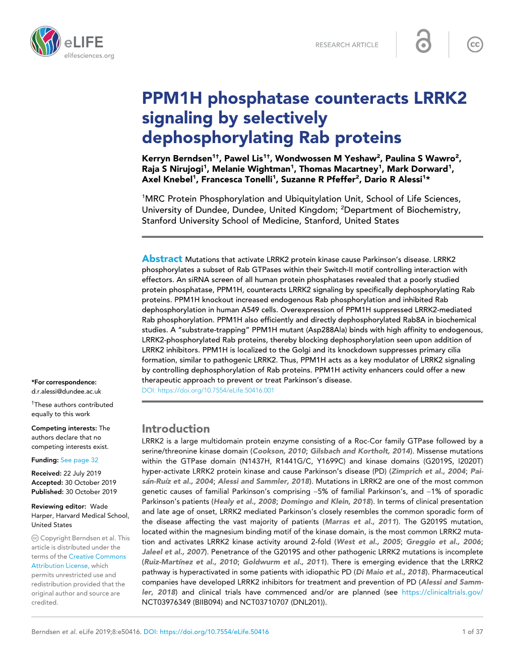 PPM1H Phosphatase Counteracts LRRK2 Signaling by Selectively