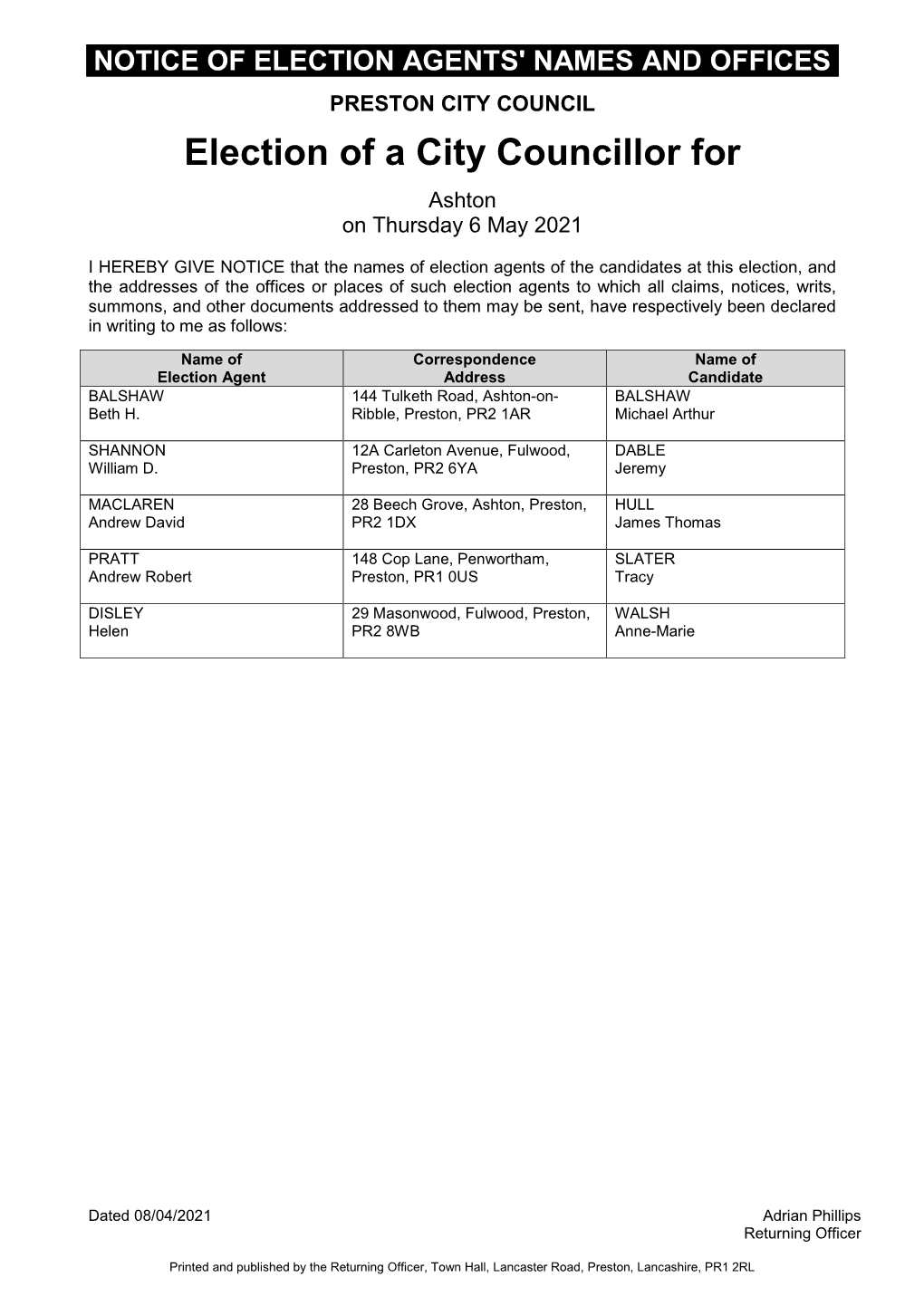 Notice of Election Agents' Names and Offices