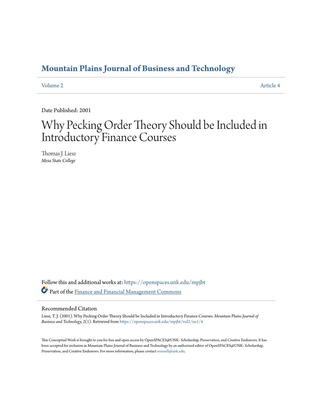 Why Pecking Order Theory Should Be Included in Introductory Finance Courses Thomas J