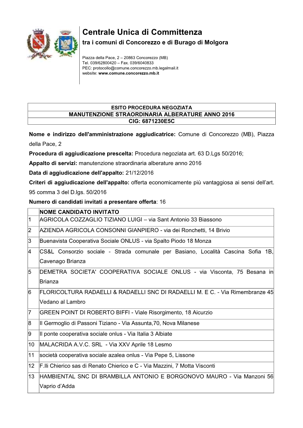 Comune Di Concorezzo (MB), Piazza Della Pace, 2 Procedura Di Aggiudicazione Prescelta: Procedura Negoziata Art