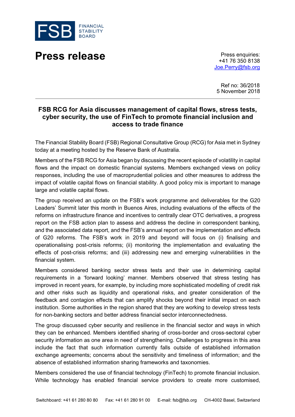 FSB RCG for Asia Discusses Management of Capital Flows, Stress Tests, Cyber Security, the Use of Fintech to Promote Financial Inclusion and Access to Trade Finance