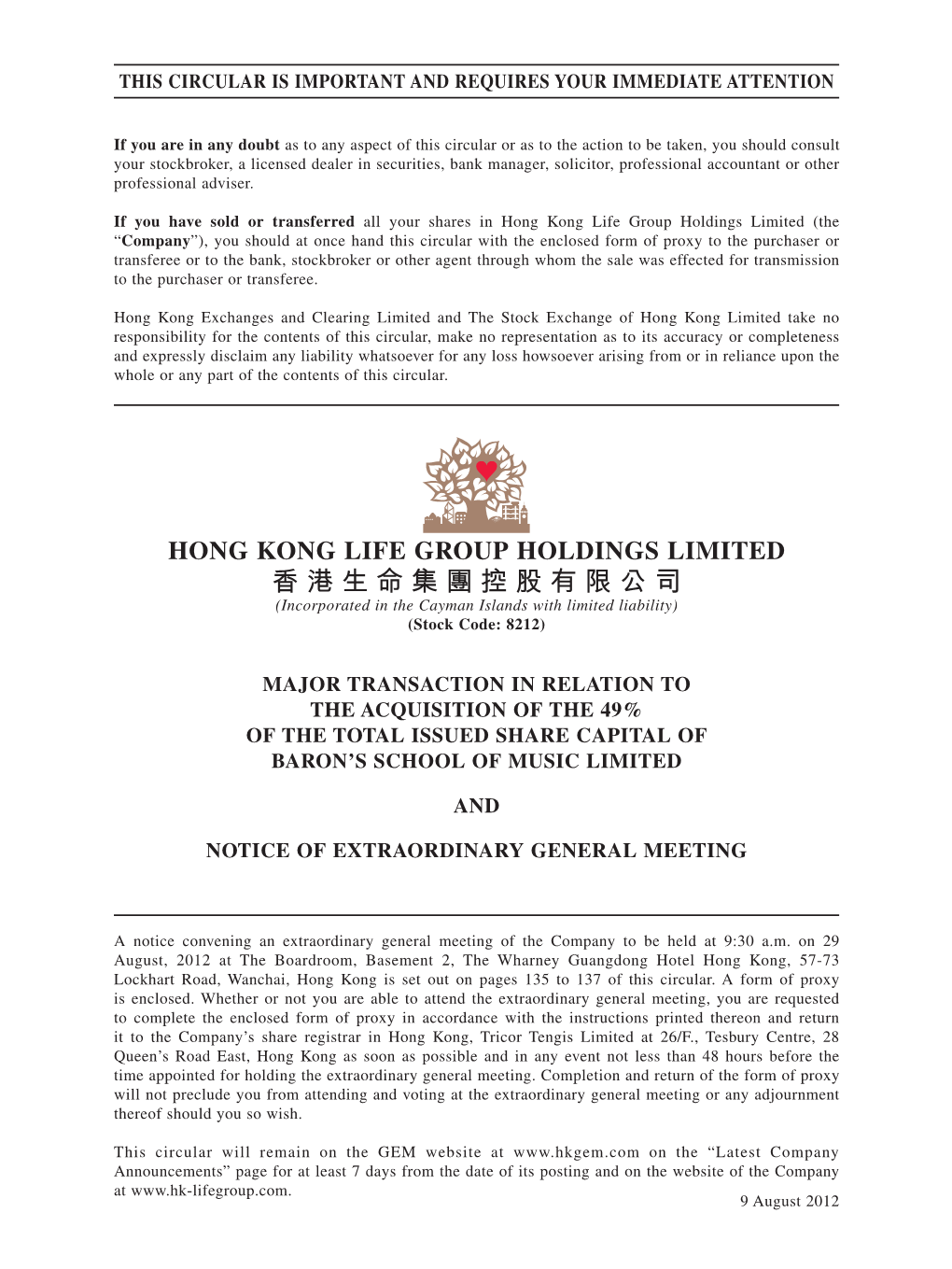 香港生命集團控股有限公司 (Incorporated in the Cayman Islands with Limited Liability) (Stock Code: 8212)