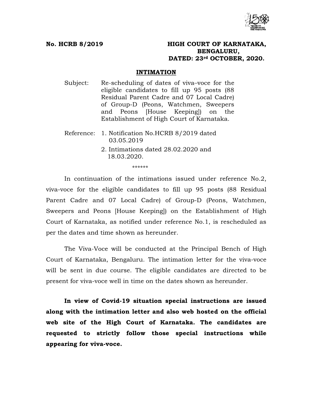 23Rd OCTOBER, 2020. INTIMATION Subject: Re-Scheduling of Dates Of