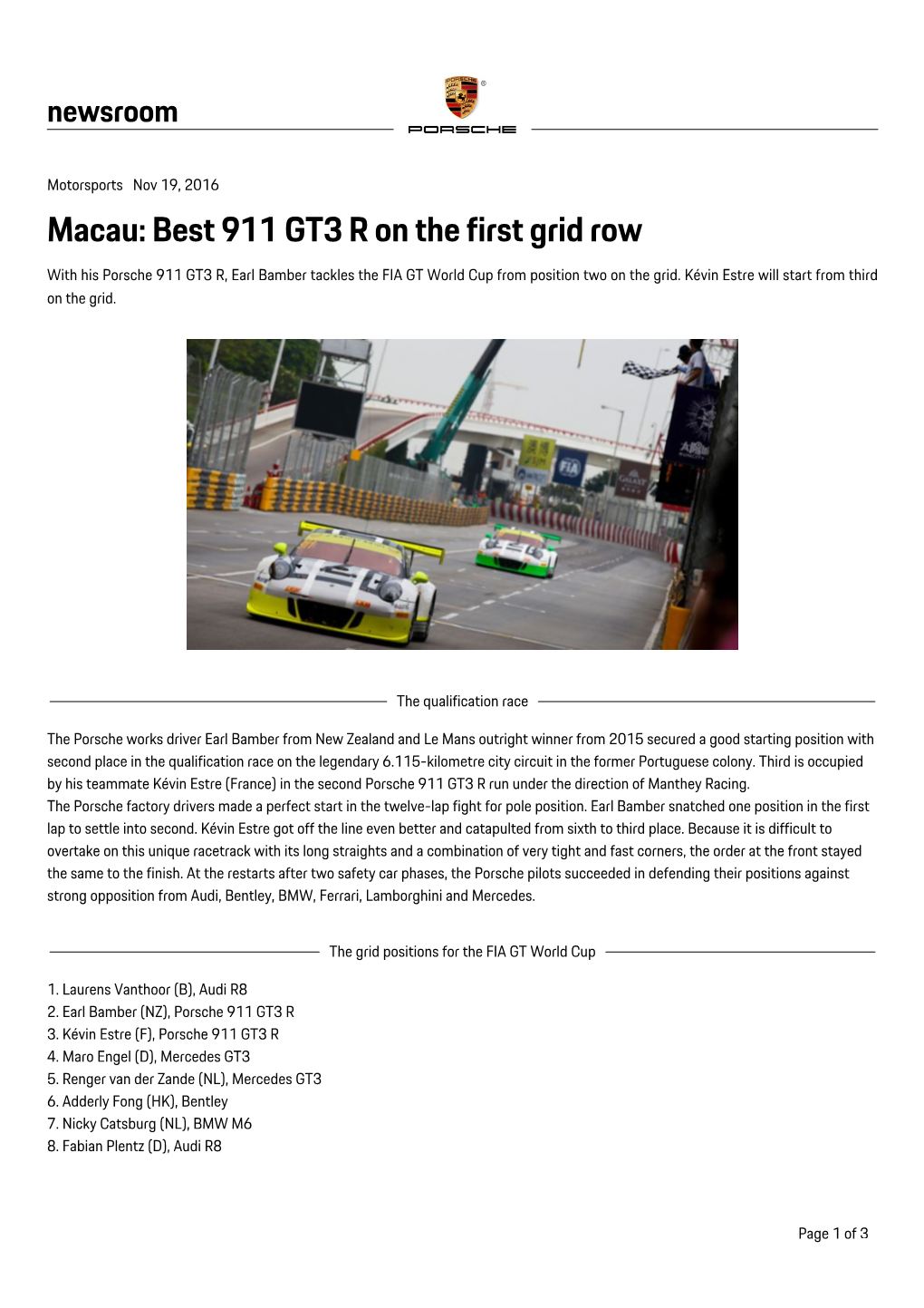 Macau: Best 911 GT3 R on the First Grid Row with His Porsche 911 GT3 R, Earl Bamber Tackles the FIA GT World Cup from Position Two on the Grid
