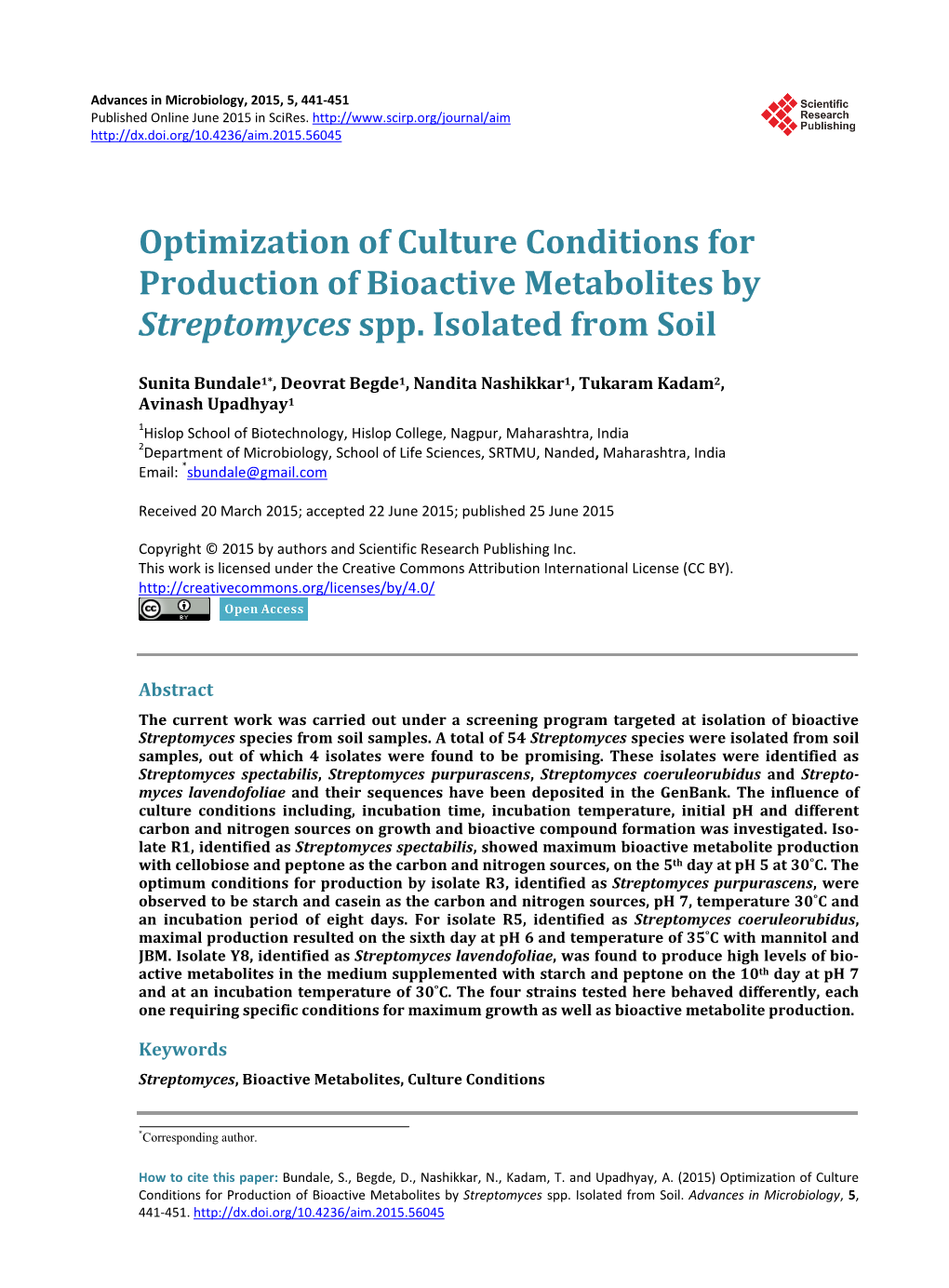 Optimization of Culture Conditions for Production of Bioactive Metabolites by Streptomyces Spp