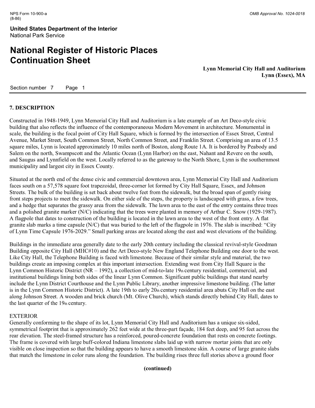 National Register of Historic Places Continuation Sheet Lynn Memorial City Hall and Auditorium Lynn (Essex), MA