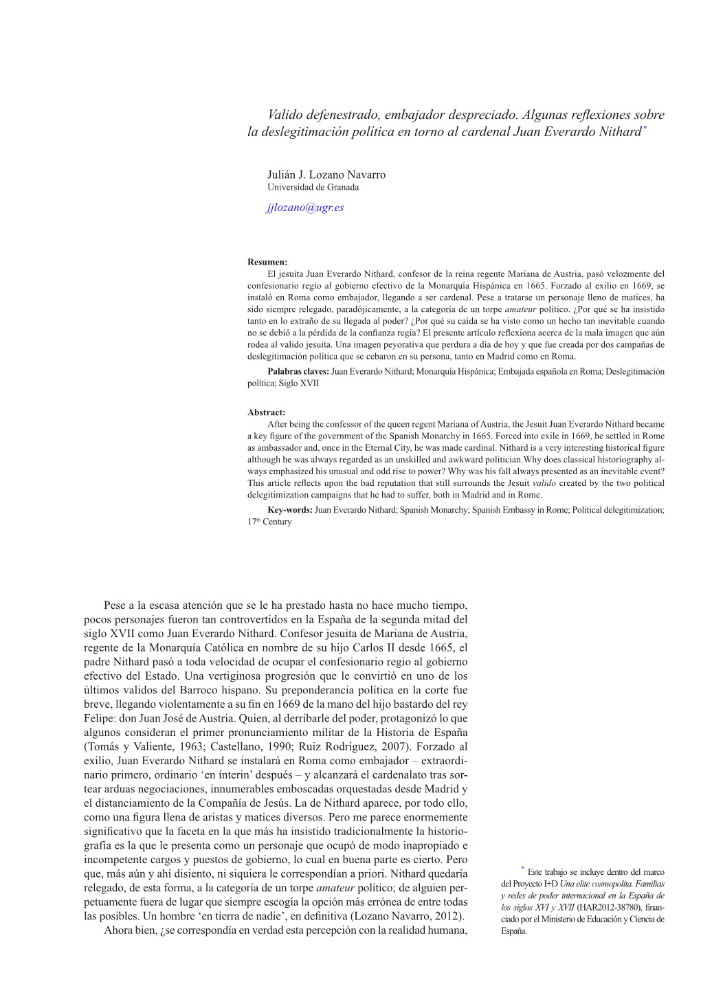 Valido Defenestrado, Embajador Despreciado. Algunas Reflexiones Sobre La Deslegitimación Política En Torno Al Cardenal Juan Everardo Nithard *