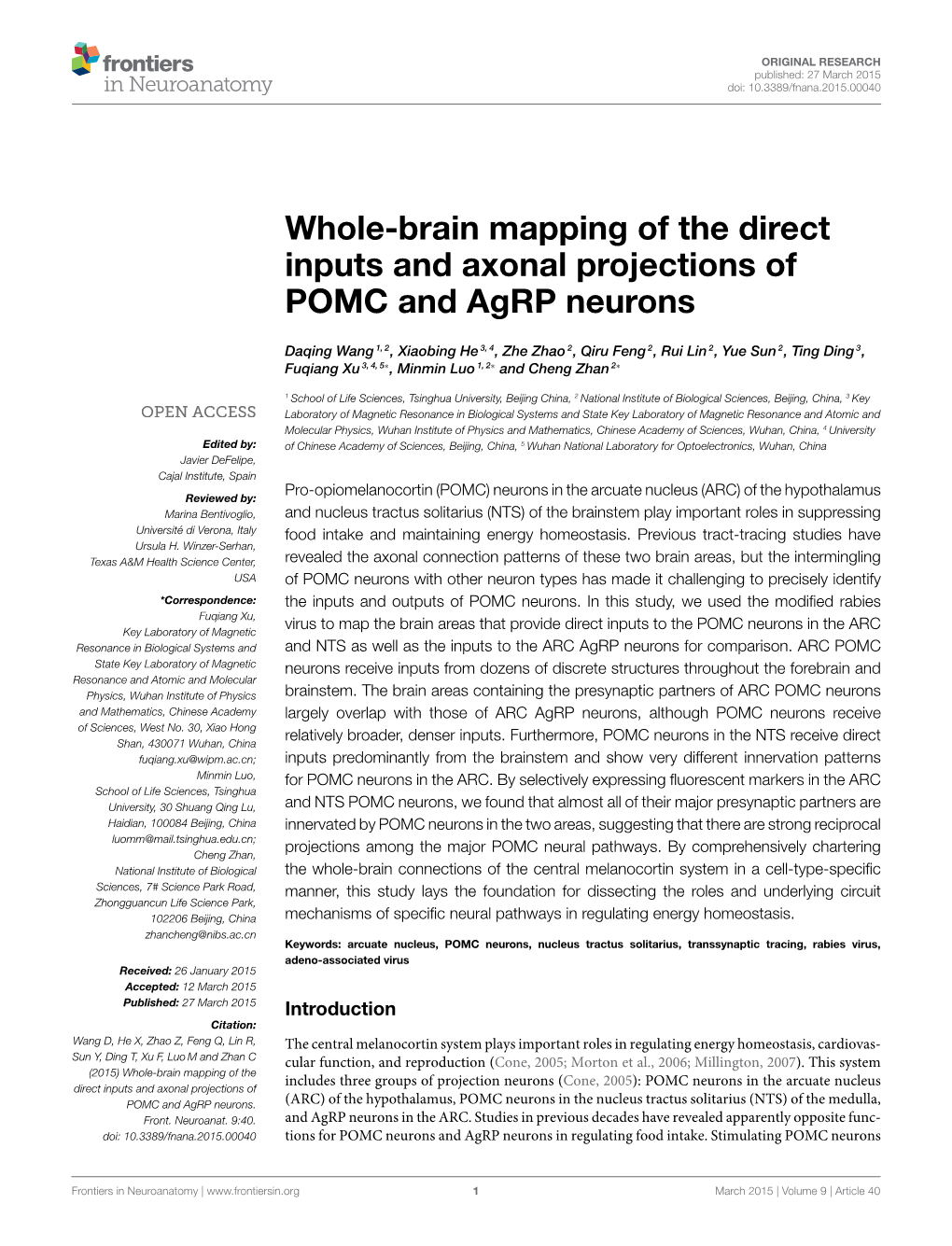 Whole-Brain Mapping of the Direct Inputs and Axonal Projections of POMC and Agrp Neurons