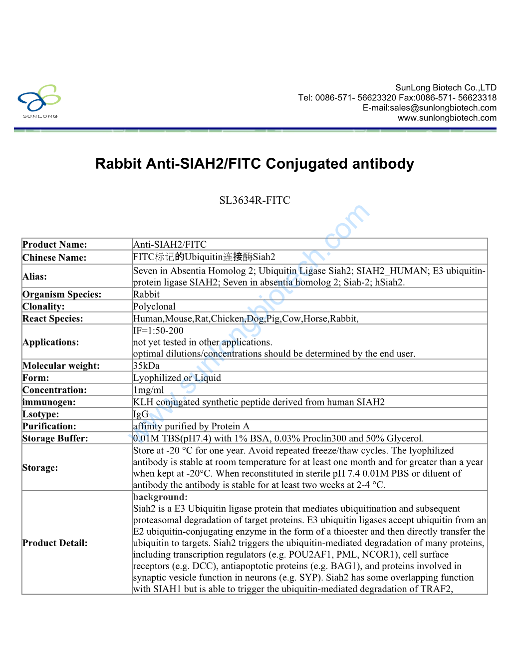 Rabbit Anti-SIAH2/FITC Conjugated Antibody-SL3634R-FITC