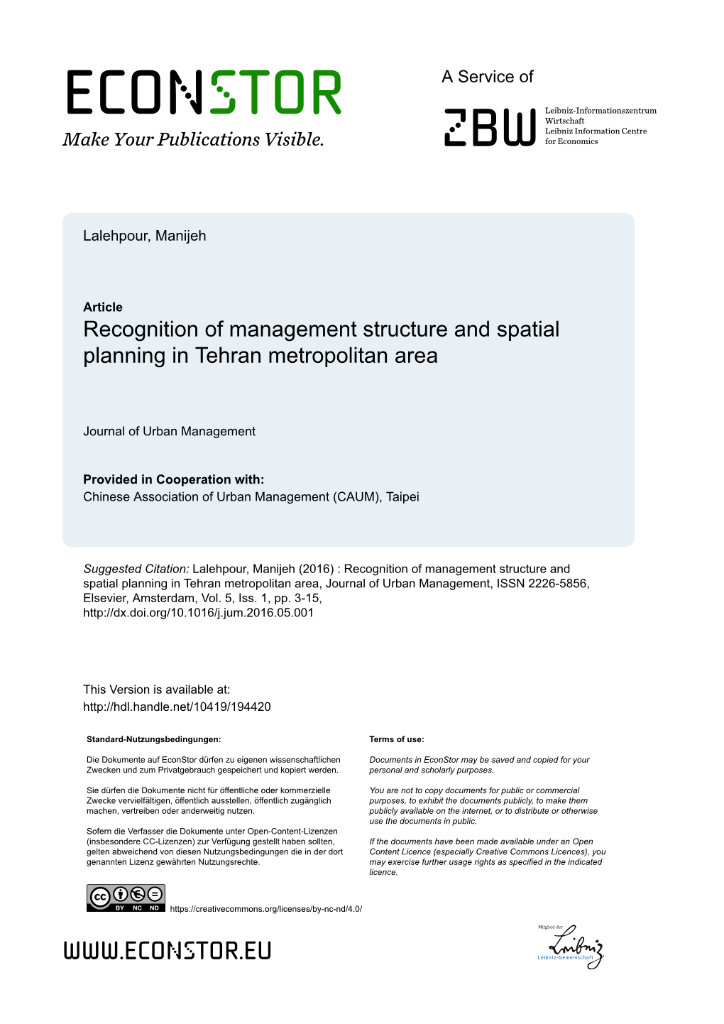 Recognition of Management Structure and Spatial Planning in Tehran Metropolitan Area