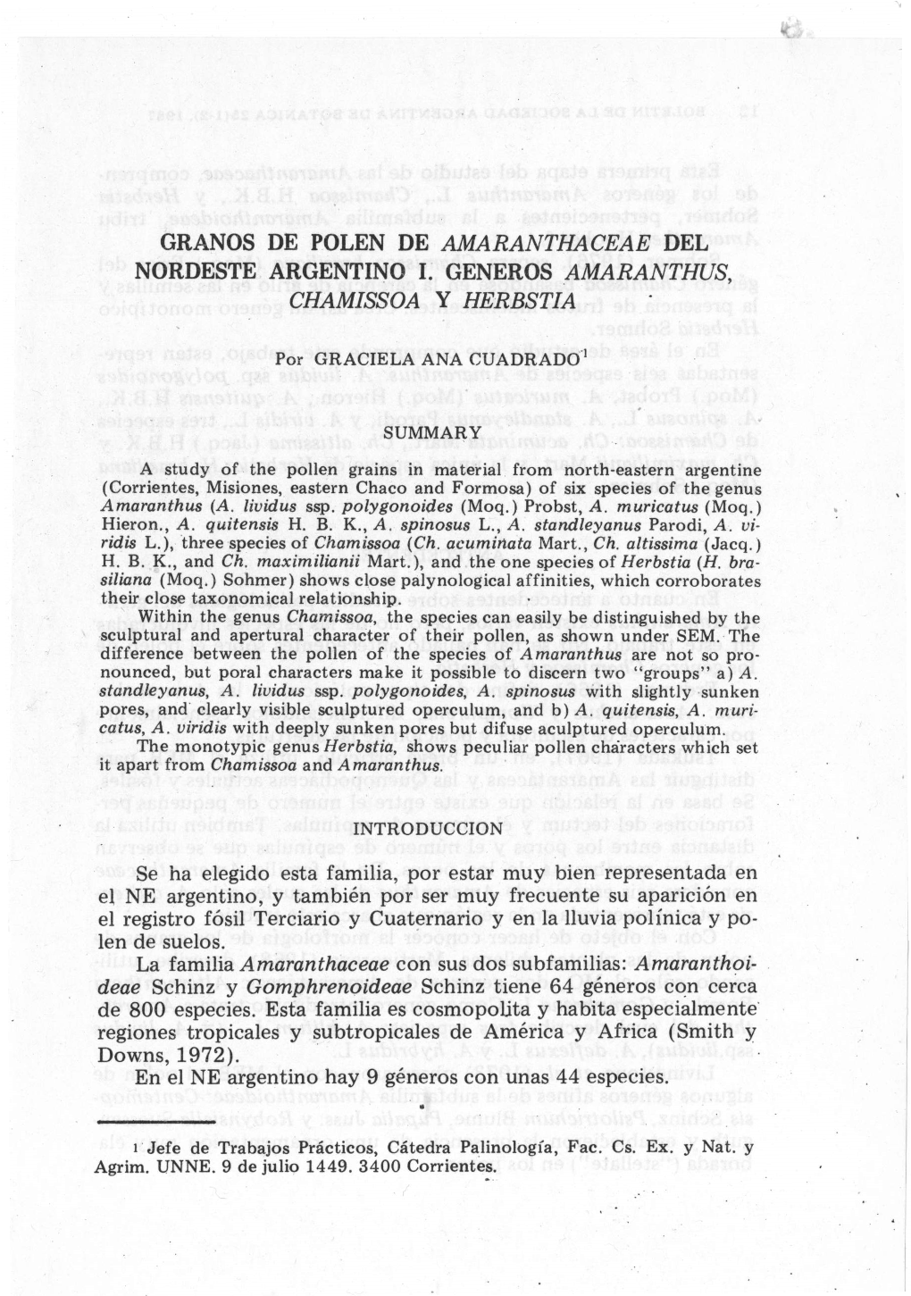 Granos De Polen De Amaranthaceae Del Nordeste Argentino I. Generos Amaranthus, Chamissoa Y Herbstia