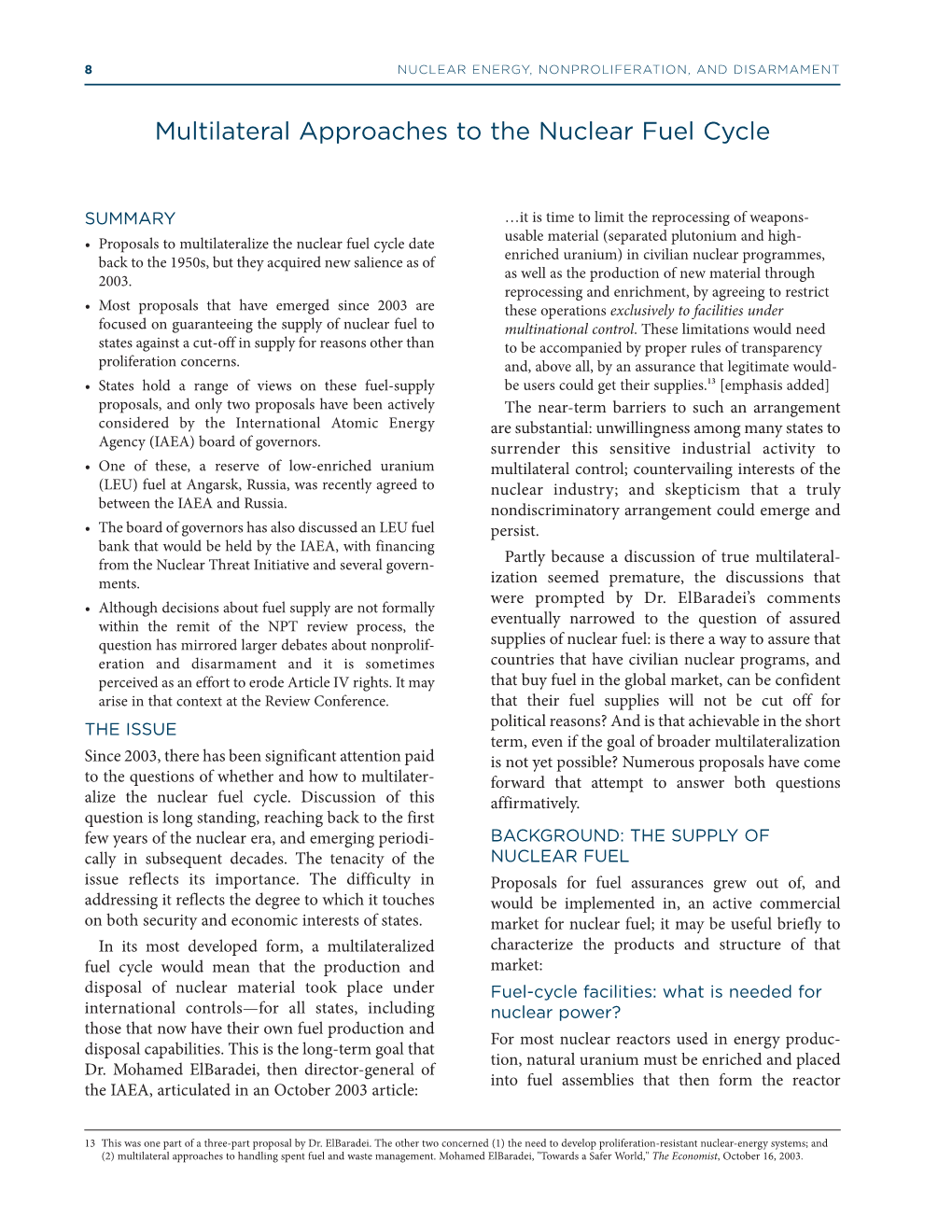 Multilateral Approaches to the Nuclear Fuel Cycle