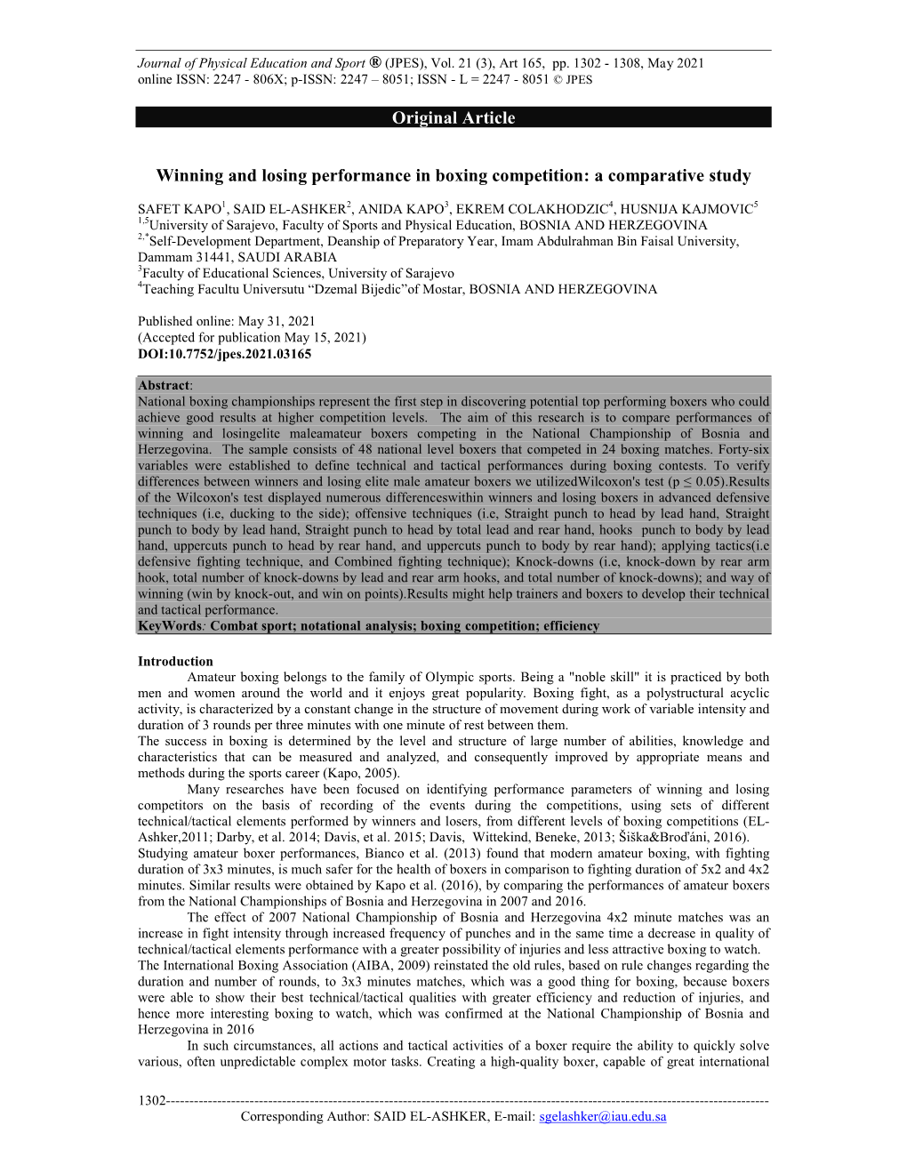 Original Article Winning and Losing Performance in Boxing Competition