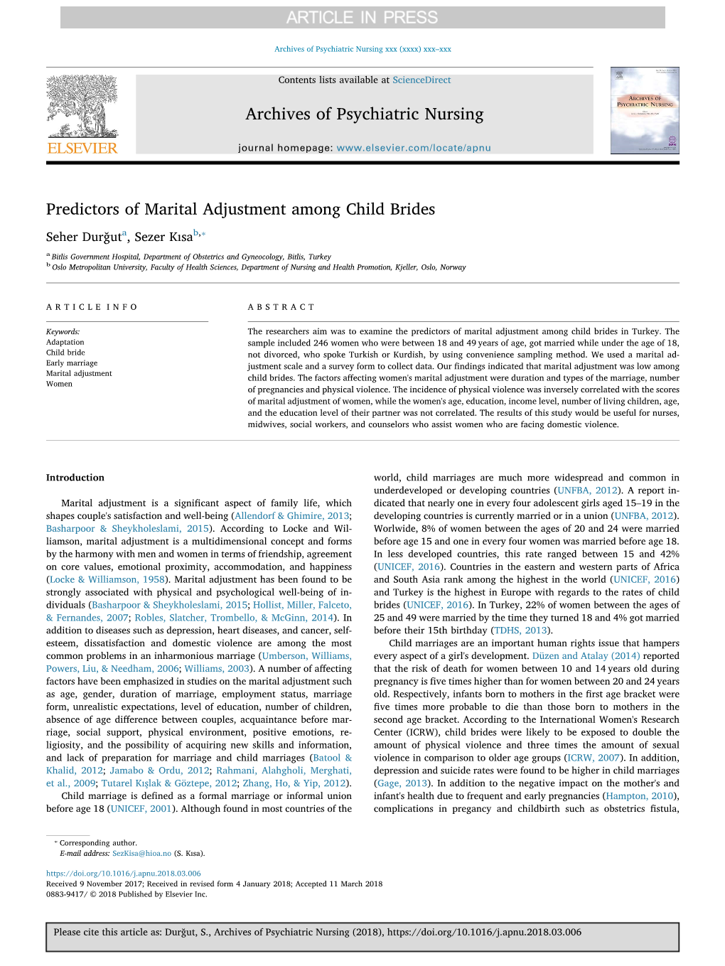 Predictors of Marital Adjustment Among Child Brides