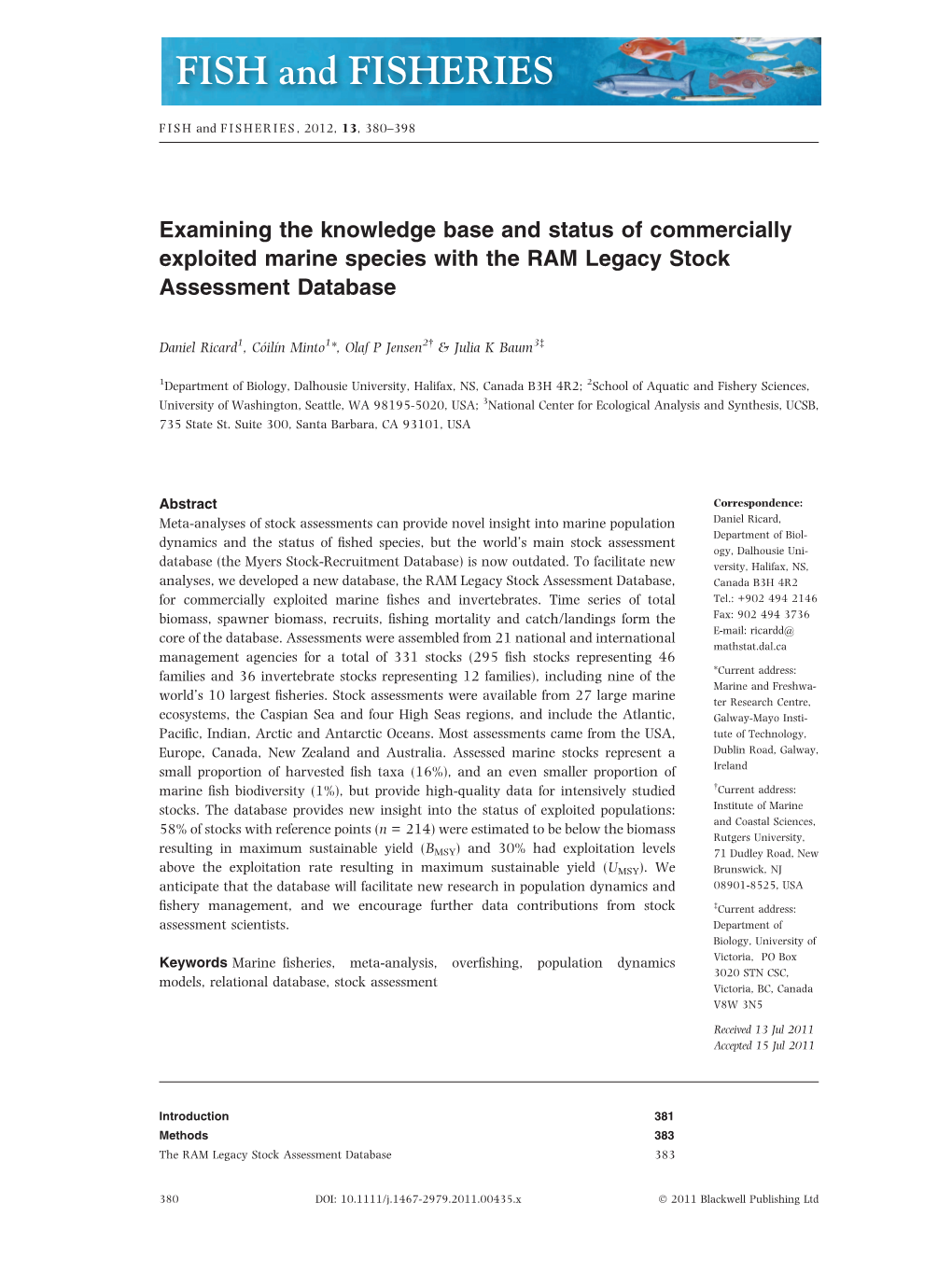 Examining the Knowledge Base and Status of Commercially Exploited Marine Species with the RAM Legacy Stock Assessment Database