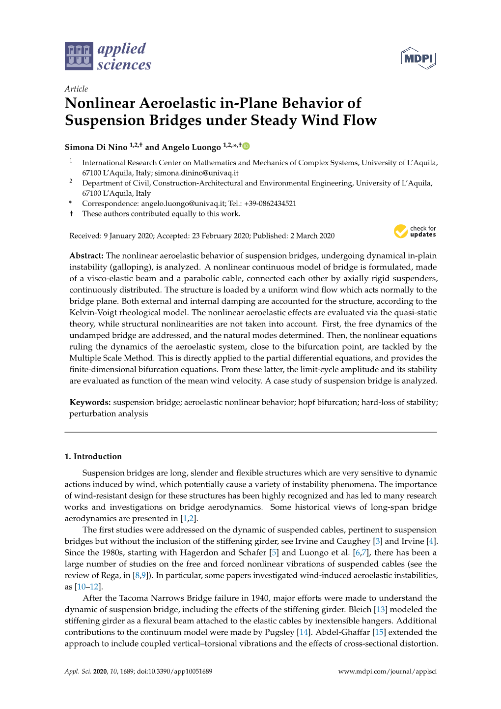 Nonlinear Aeroelastic In-Plane Behavior of Suspension Bridges Under Steady Wind Flow