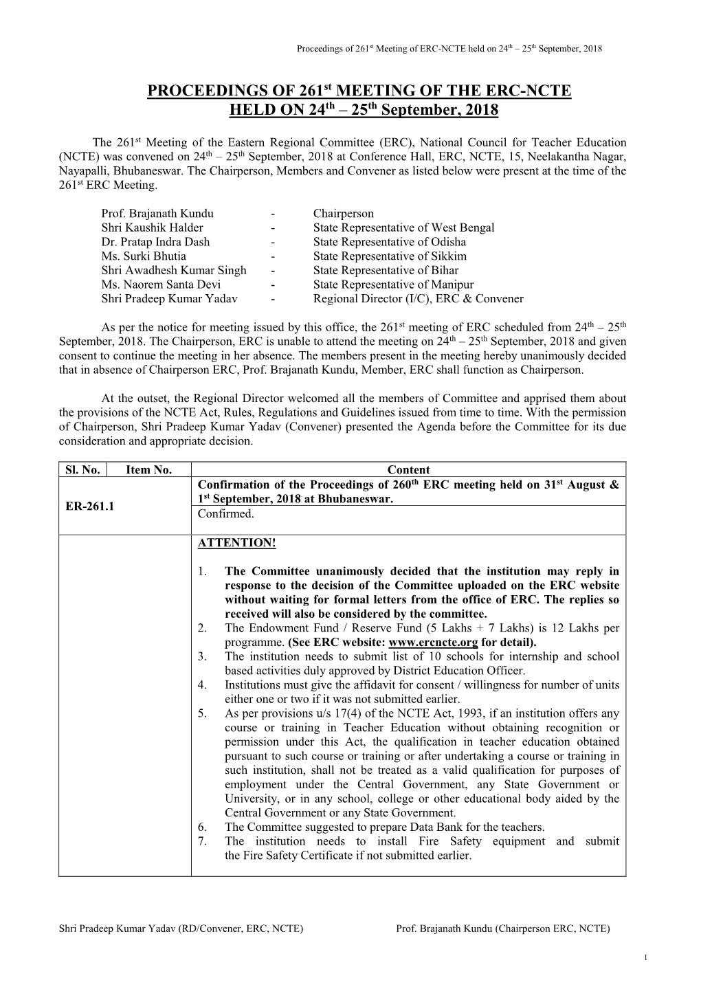 PROCEEDINGS of 261St MEETING of the ERC-NCTE HELD on 24Th – 25Th September, 2018